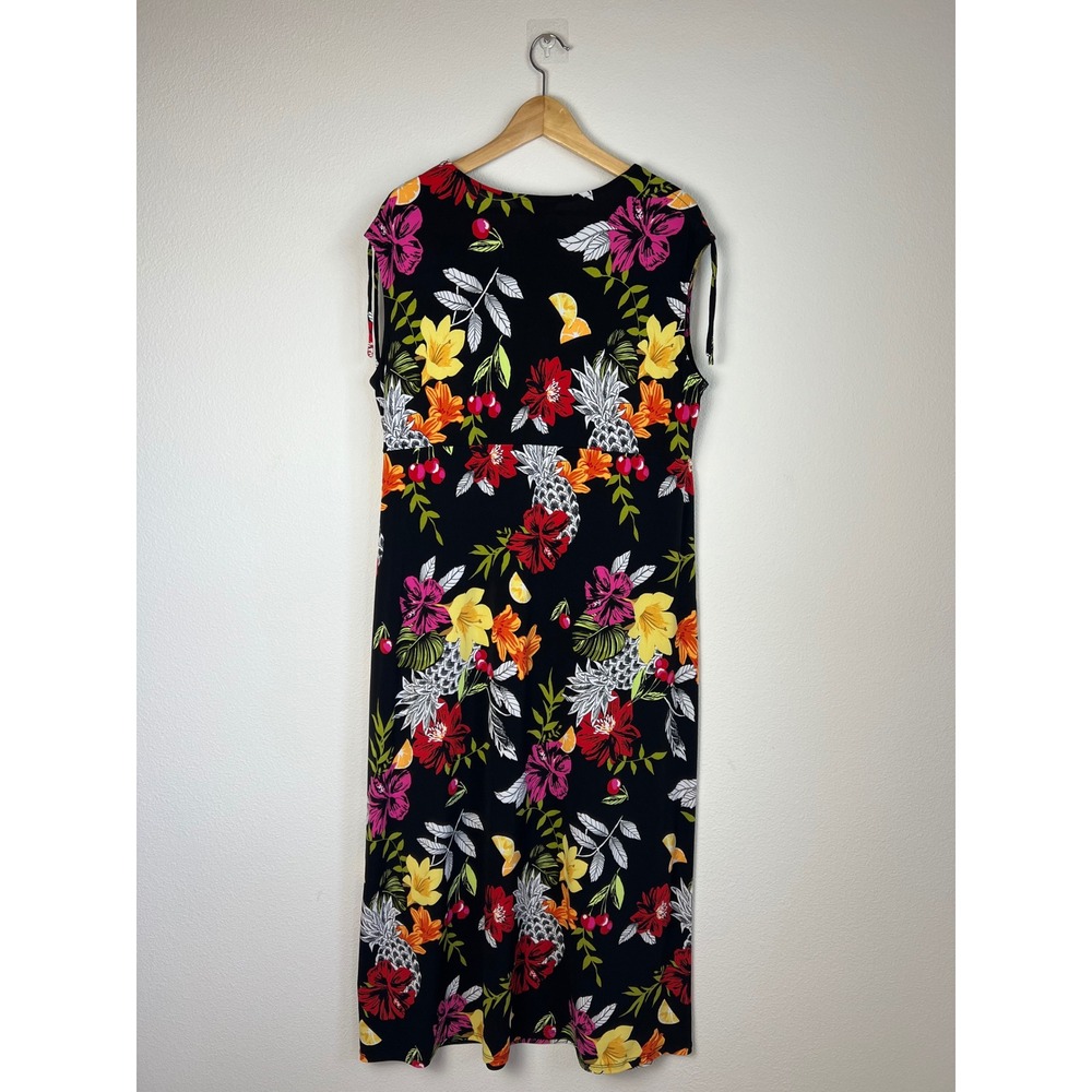 CJ Banks Tropical Floral Midi Dress 1X Black‎ Pineapple Fruit Faux Wrap Cruise - Picture 4 of 9